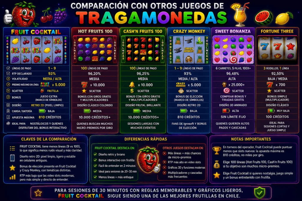 Comparación de Fruit Cocktail con otras tragamonedas mostrando RTP, volatilidad, líneas de pago y bonos.